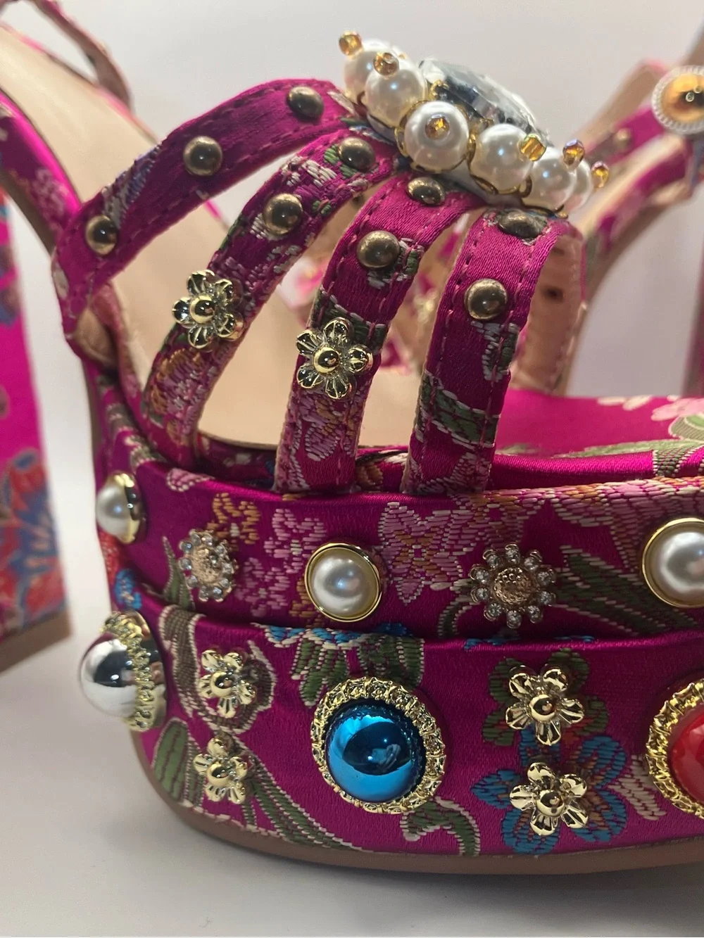 Fuchsia Embellished Platform Sandals with Floral Jacquard